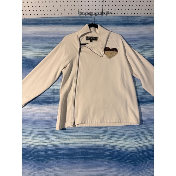 CRTV LTRCY Jackets & Blazers - Upcycled Moto Sweatshirt Off White Quilt Star Heart Applique Patchwork Womens M